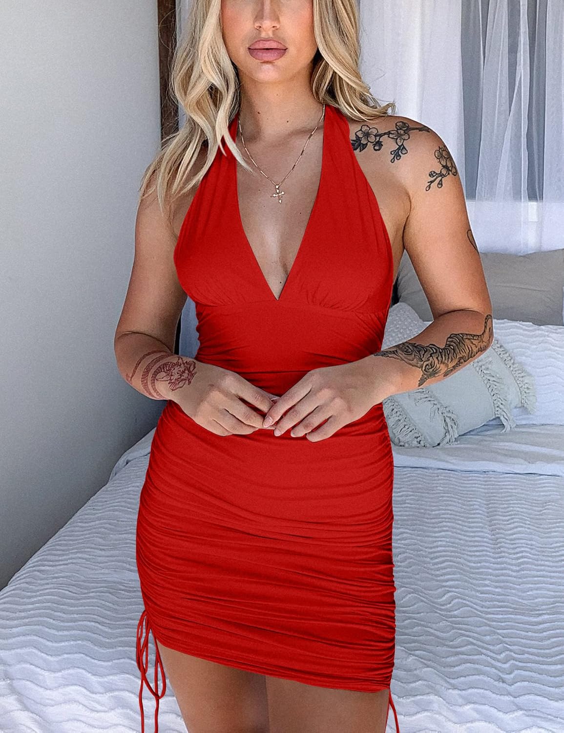 Women's Sexy Halter Bodycon V Neck Backless Ruched Drawstring Mini Club Party Dresses