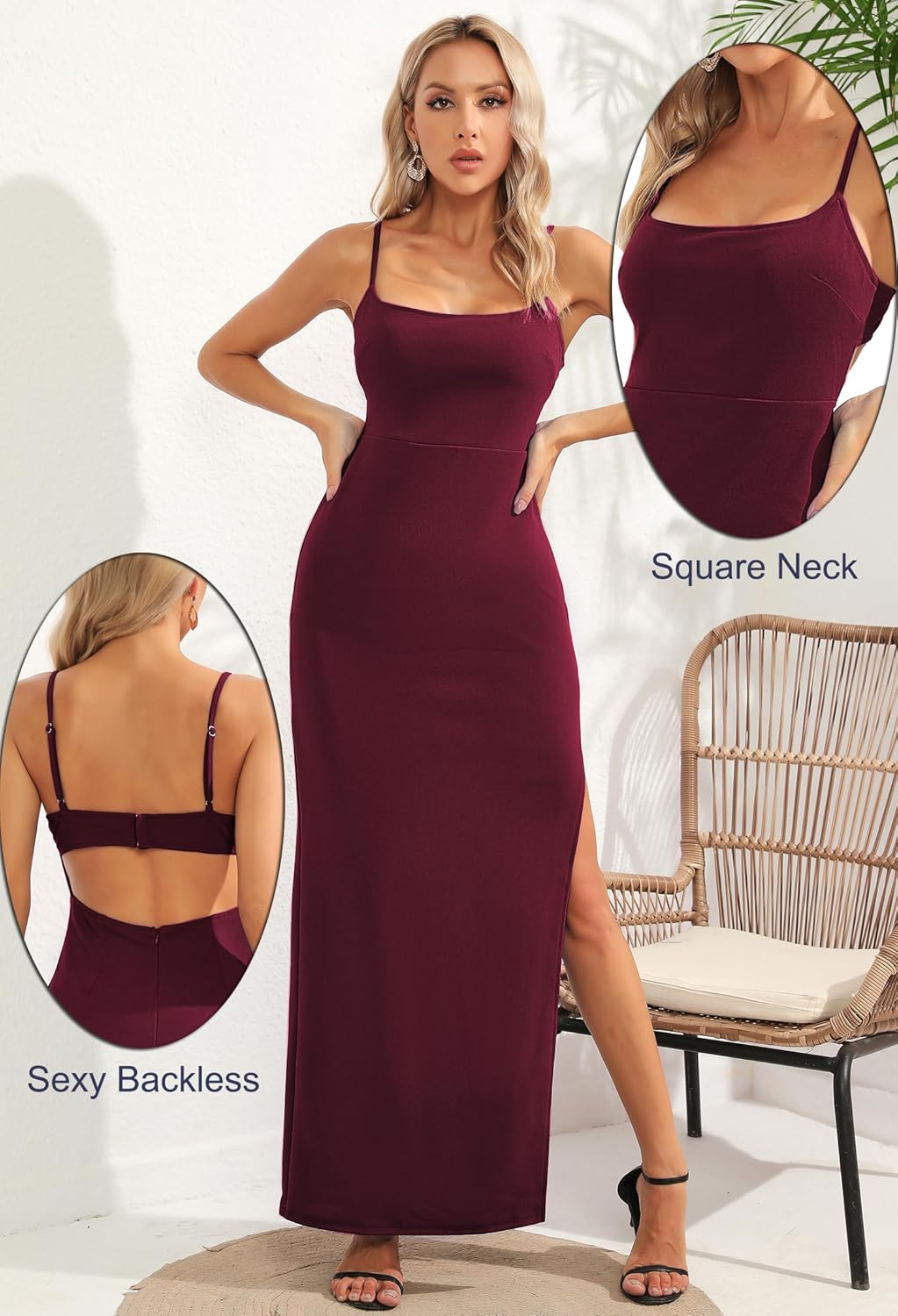 Women's Sexy Backless Spaghetti Straps Square Neck Maxi Dress Thigh High Slit Bodycon Cocktail Party Dress 211