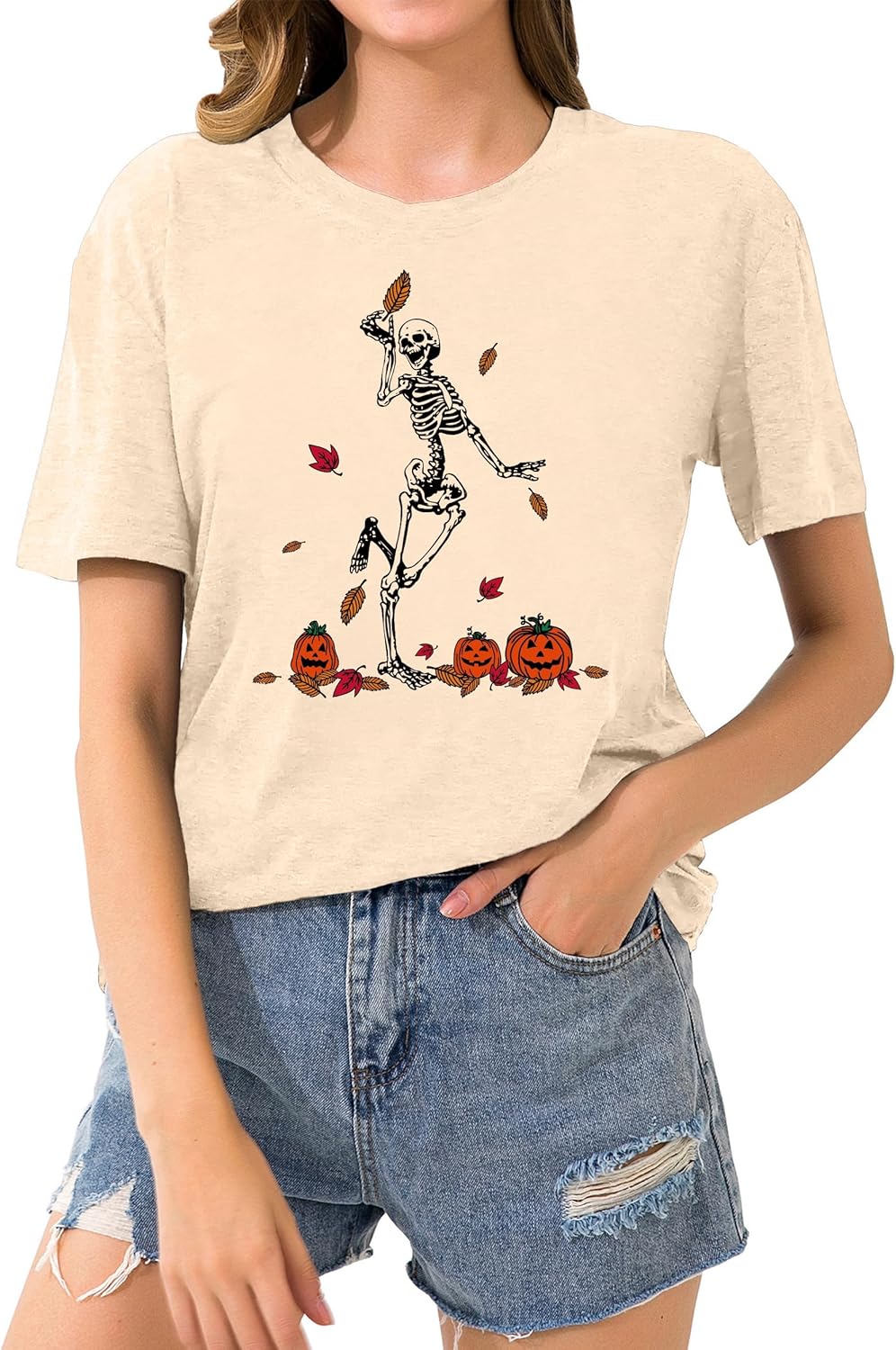 Dancing Skeleton Shirt for Women Happy Halloween T-Shirt Funny Skeleton Graphic Tees Tops Blouse Gift