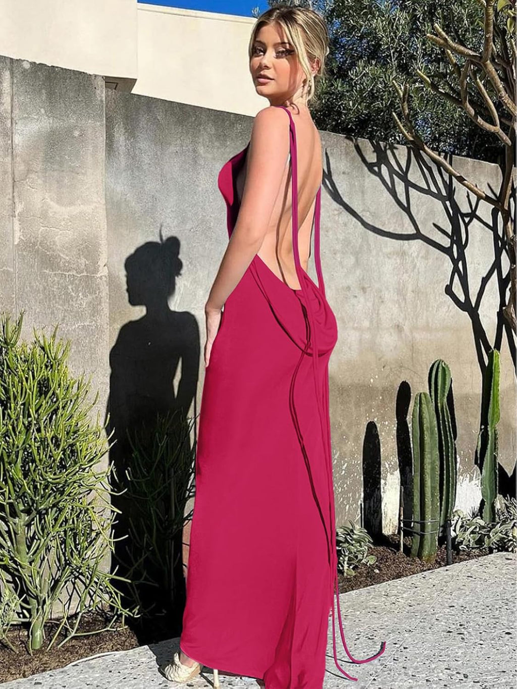 Slip Bodycon Dresses for Women Spaghetti Strap Lace Up Backless Cowl Neck Maxi Mermaid Cocktail Party Dress