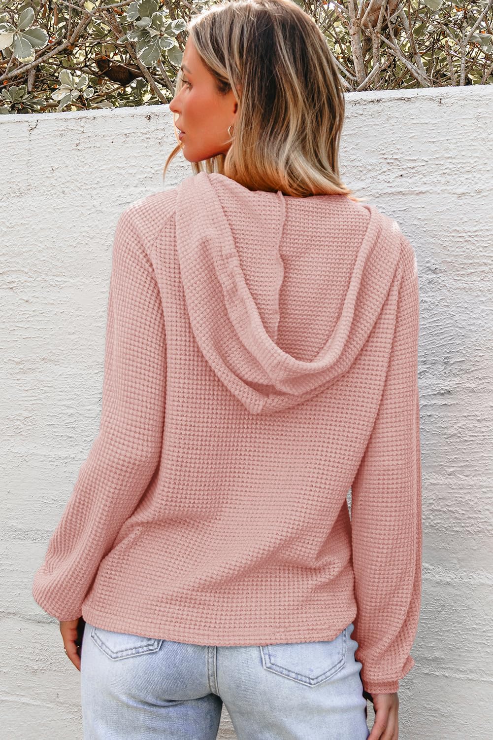 Hoodies for Women Waffle Knit Long Sleeve Drawstring Button V Neck Casual Pullover Sweatshirt Hooded Tops