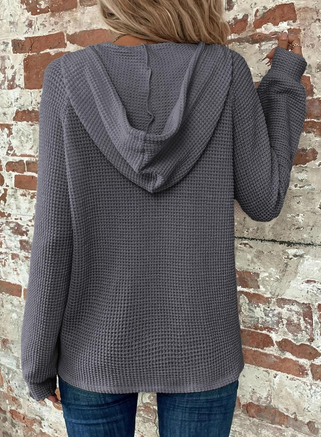 Hoodies for Women Waffle Knit Long Sleeve Drawstring Button V Neck Casual Pullover Sweatshirt Hooded Tops