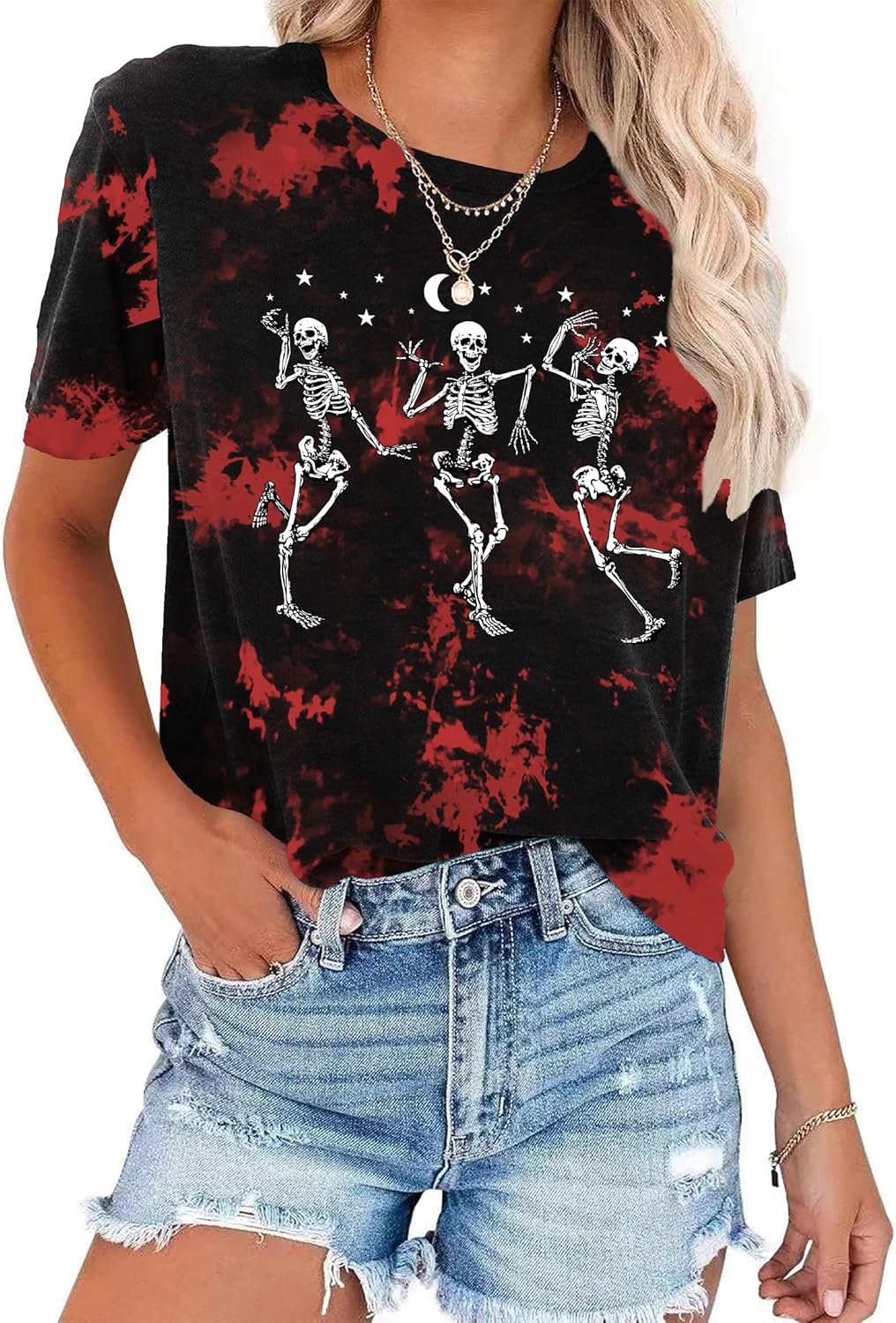 Dancing Skeleton Shirt for Women Happy Halloween T-Shirt Funny Skeleton Graphic Tees Tops Blouse Gift