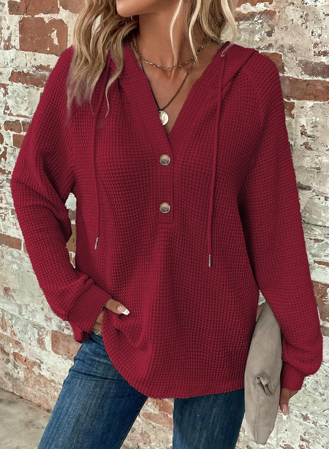 Hoodies for Women Waffle Knit Long Sleeve Drawstring Button V Neck Casual Pullover Sweatshirt Hooded Tops