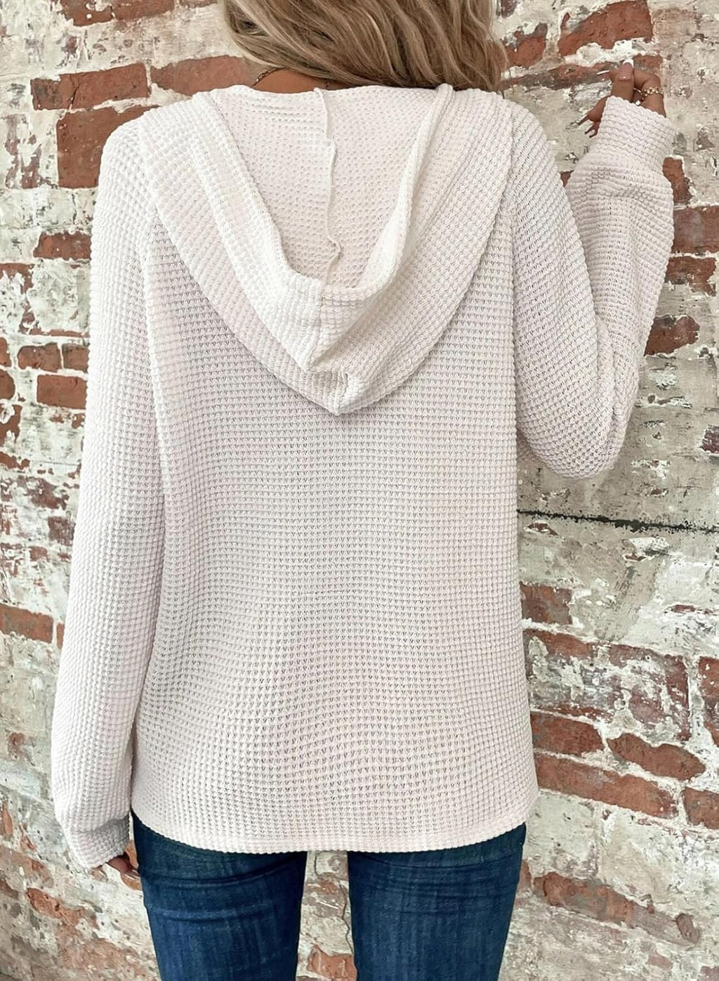 Hoodies for Women Waffle Knit Long Sleeve Drawstring Button V Neck Casual Pullover Sweatshirt Hooded Tops