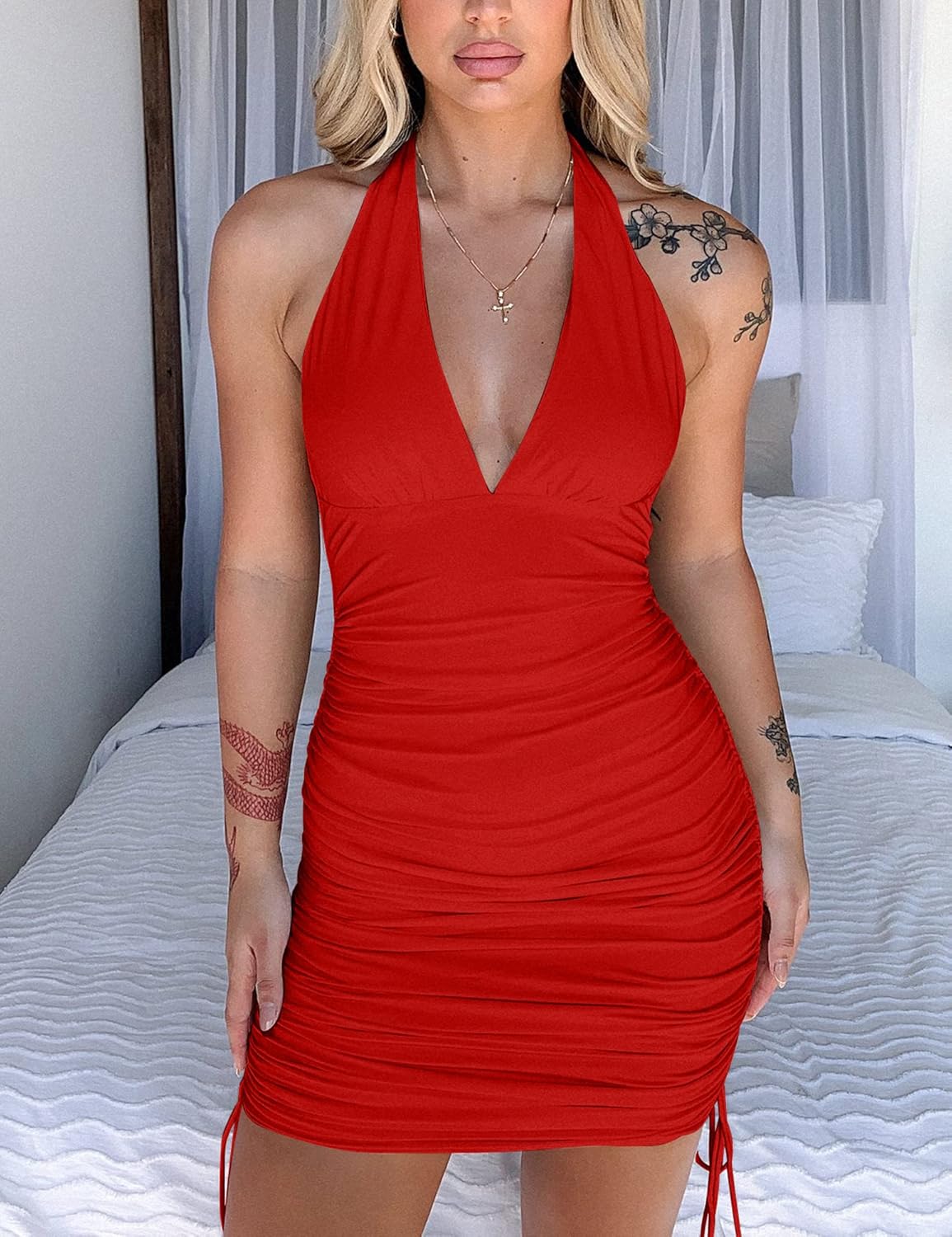 Women's Sexy Halter Bodycon V Neck Backless Ruched Drawstring Mini Club Party Dresses