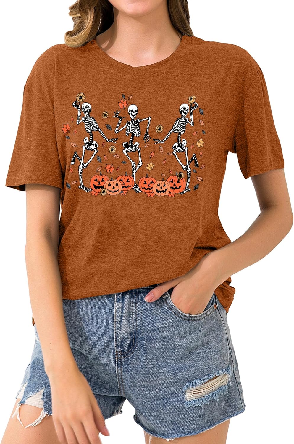 Dancing Skeleton Shirt for Women Happy Halloween T-Shirt Funny Skeleton Graphic Tees Tops Blouse Gift