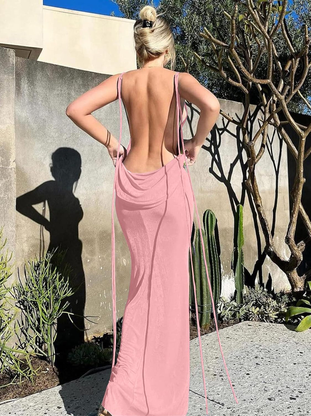 Slip Bodycon Dresses for Women Spaghetti Strap Lace Up Backless Cowl Neck Maxi Mermaid Cocktail Party Dress