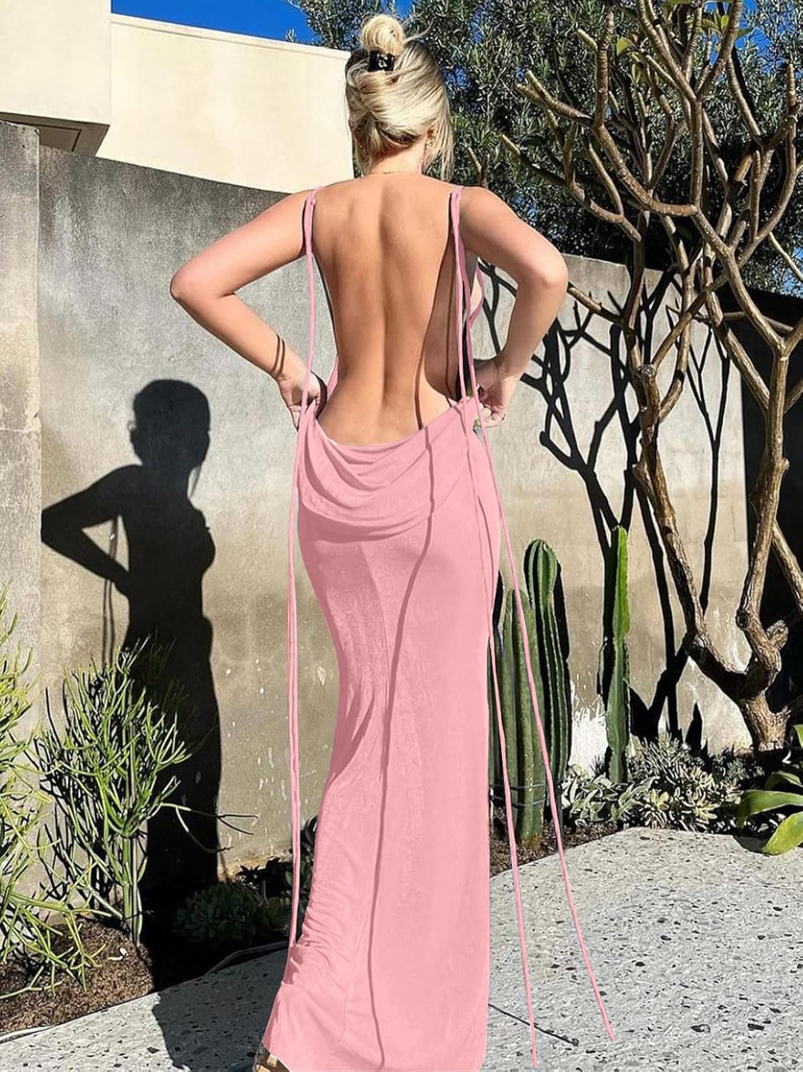 Slip Bodycon Dresses for Women Spaghetti Strap Lace Up Backless Cowl Neck Maxi Mermaid Cocktail Party Dress