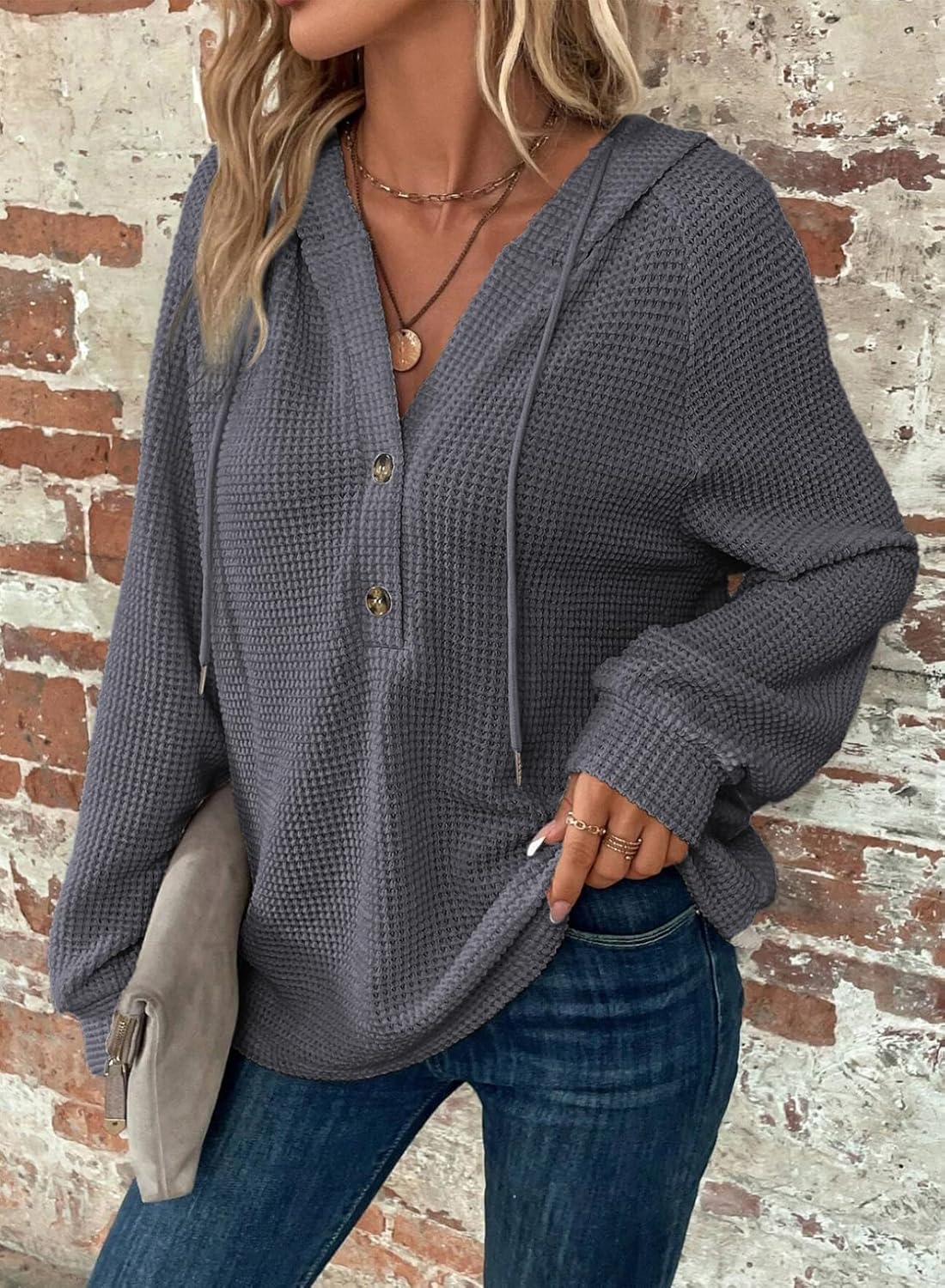 Hoodies for Women Waffle Knit Long Sleeve Drawstring Button V Neck Casual Pullover Sweatshirt Hooded Tops