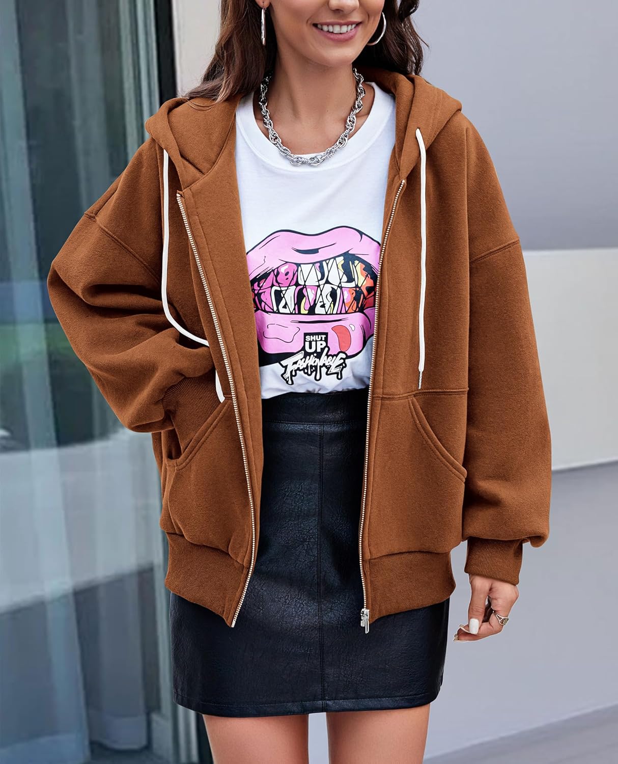 Women's 2025 Fall Oversized Hoodies Sweatshirt Long Sleeve Zip Up Pockets Loose Fit Y2K Winter Jackets Coat