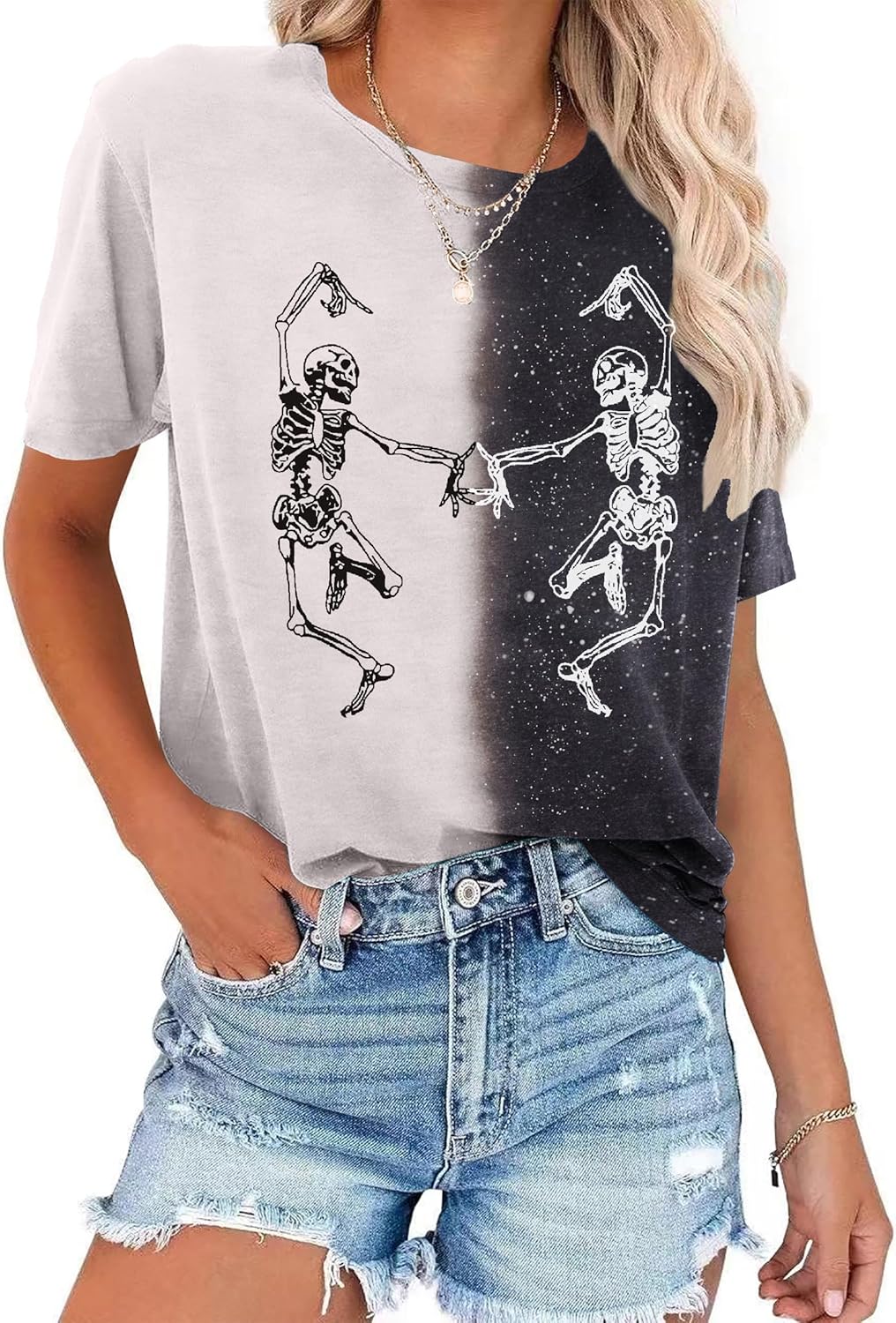 Dancing Skeleton Shirt for Women Happy Halloween T-Shirt Funny Skeleton Graphic Tees Tops Blouse Gift