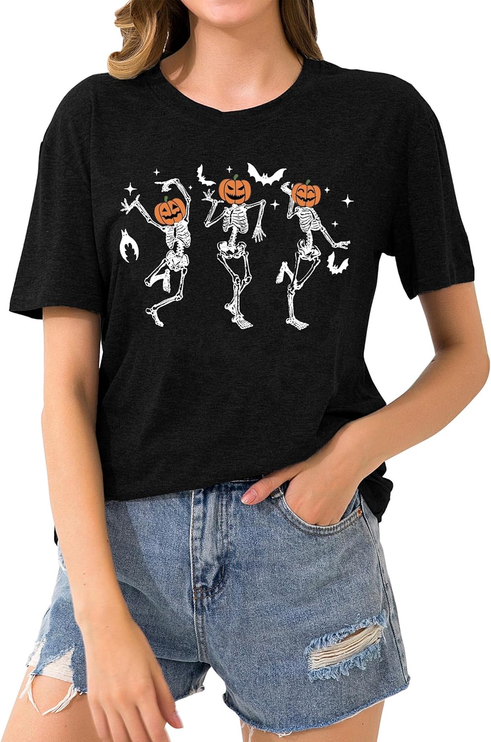 Dancing Skeleton Shirt for Women Happy Halloween T-Shirt Funny Skeleton Graphic Tees Tops Blouse Gift