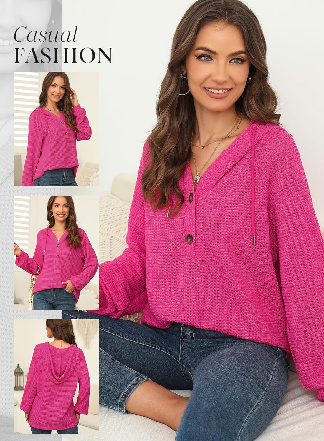 Hoodies for Women Waffle Knit Long Sleeve Drawstring Button V Neck Casual Pullover Sweatshirt Hooded Tops