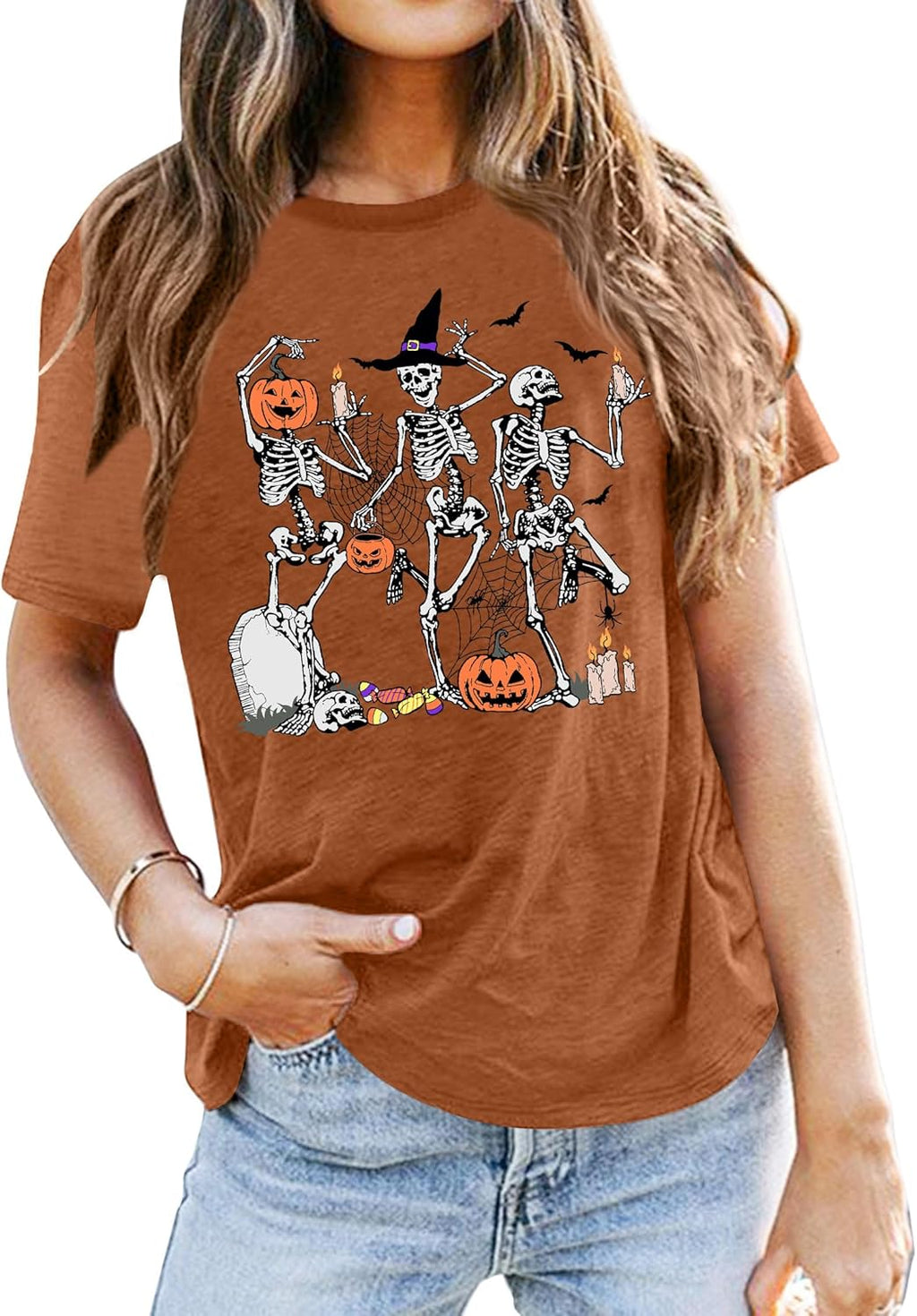 Dancing Skeleton Shirt for Women Happy Halloween T-Shirt Funny Skeleton Graphic Tees Tops Blouse Gift