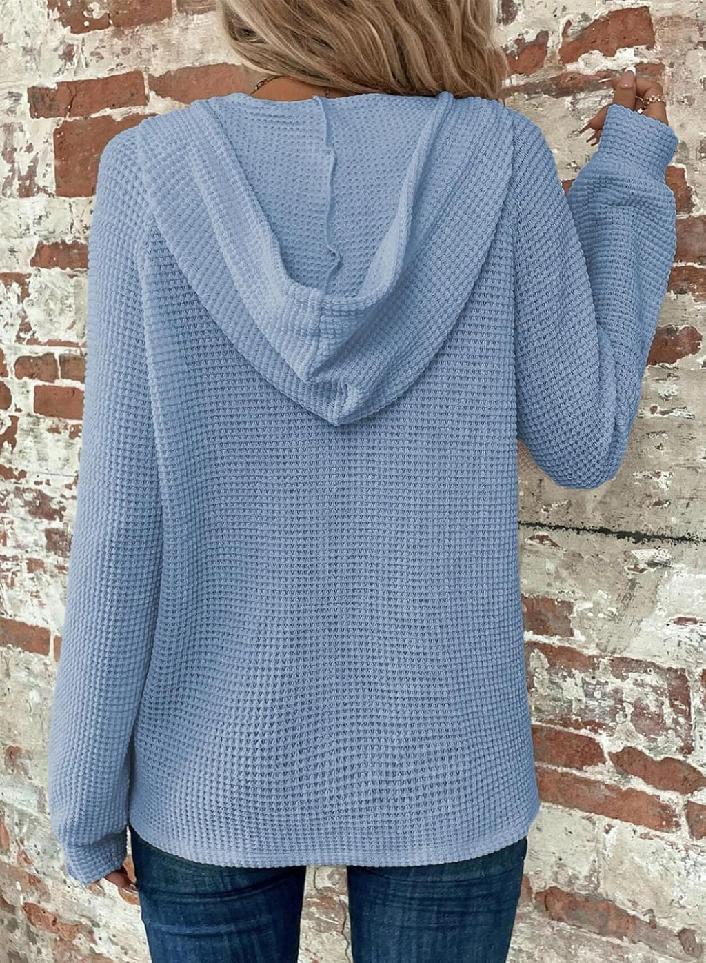 Hoodies for Women Waffle Knit Long Sleeve Drawstring Button V Neck Casual Pullover Sweatshirt Hooded Tops