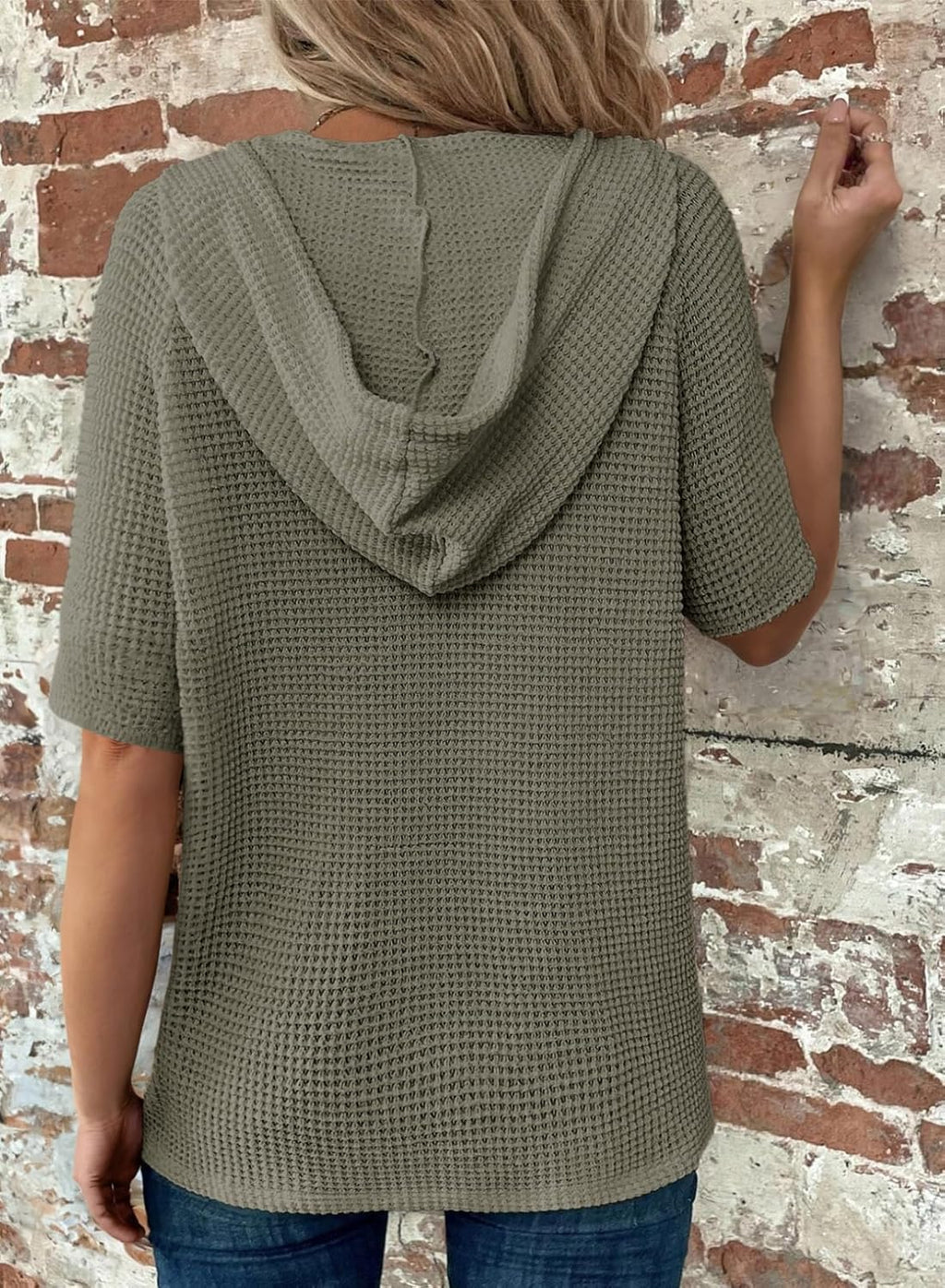 Hoodies for Women Waffle Knit Long Sleeve Drawstring Button V Neck Casual Pullover Sweatshirt Hooded Tops