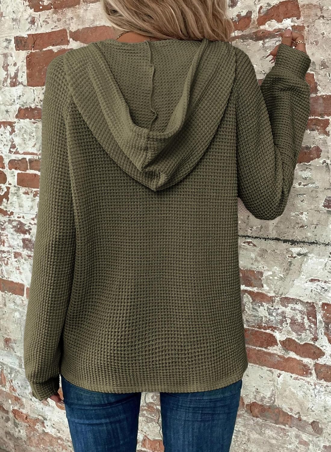 Hoodies for Women Waffle Knit Long Sleeve Drawstring Button V Neck Casual Pullover Sweatshirt Hooded Tops