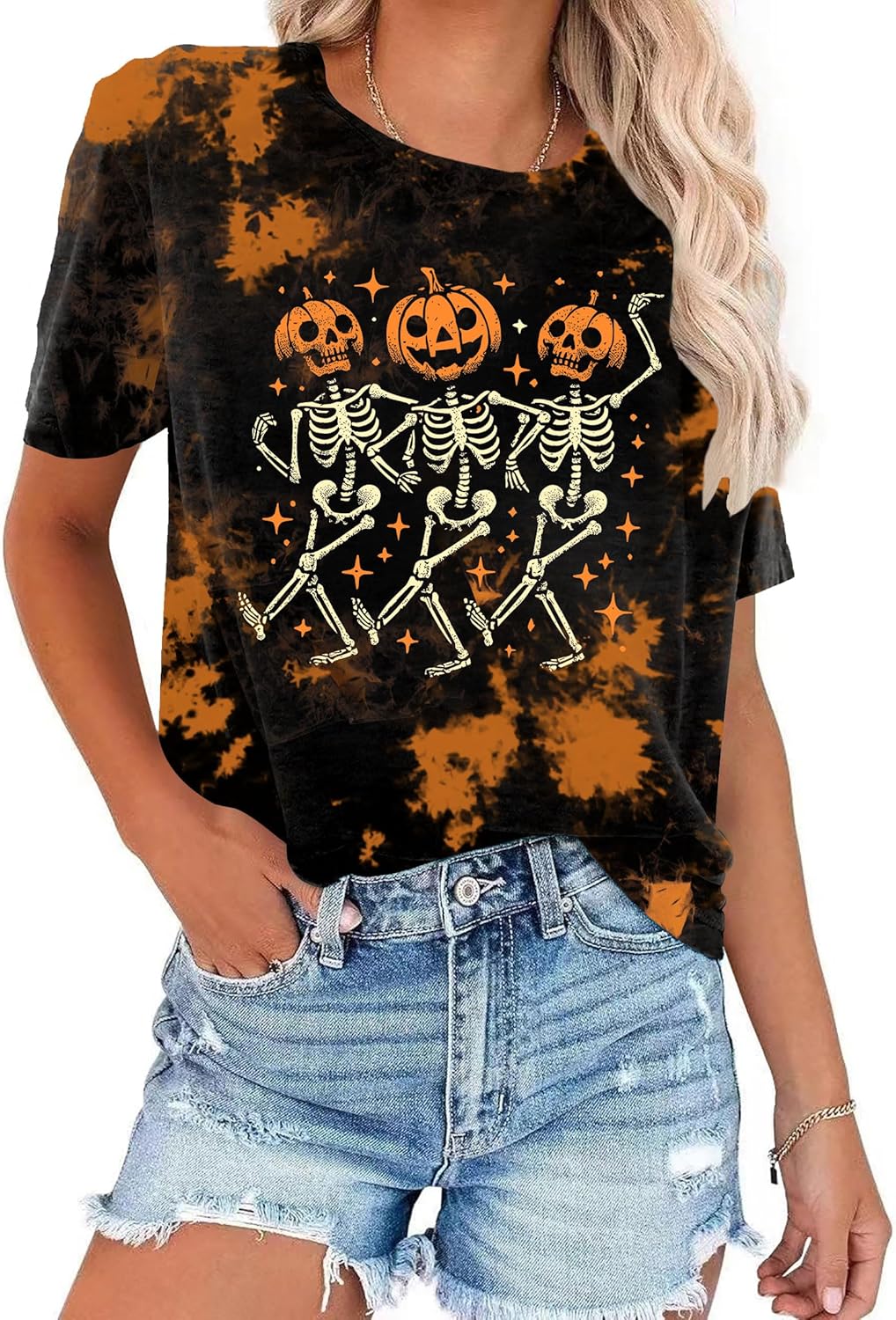 Dancing Skeleton Shirt for Women Happy Halloween T-Shirt Funny Skeleton Graphic Tees Tops Blouse Gift