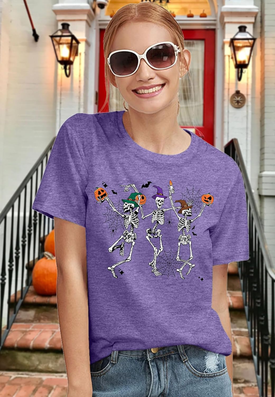 Dancing Skeleton Shirt for Women Happy Halloween T-Shirt Funny Skeleton Graphic Tees Tops Blouse Gift
