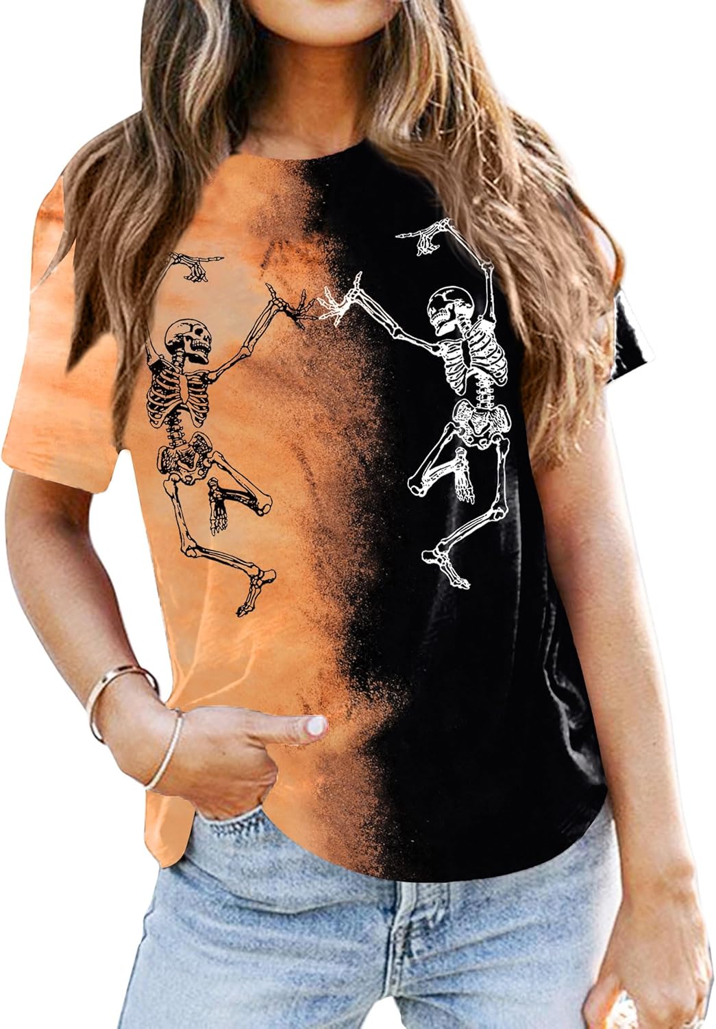 Dancing Skeleton Shirt for Women Happy Halloween T-Shirt Funny Skeleton Graphic Tees Tops Blouse Gift