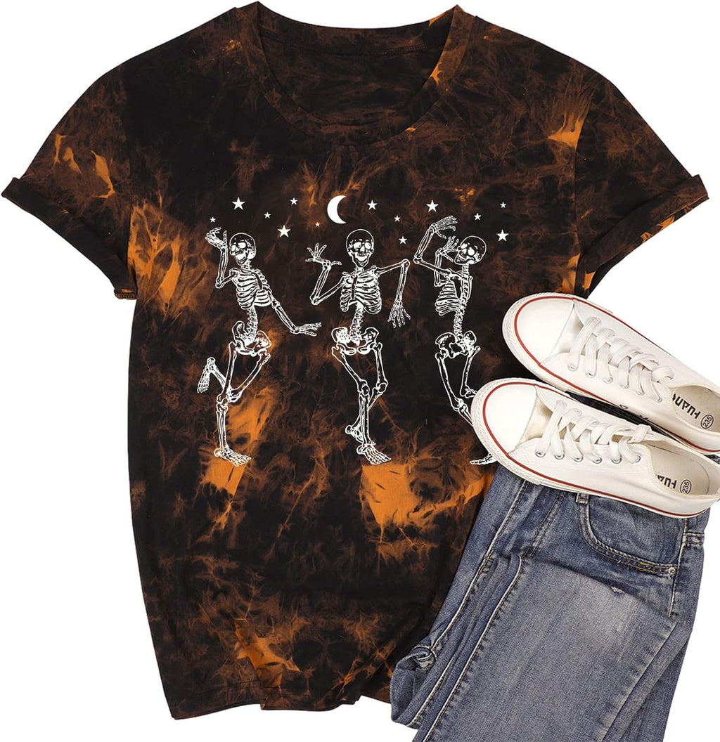 Dancing Skeleton Shirt for Women Happy Halloween T-Shirt Funny Skeleton Graphic Tees Tops Blouse Gift
