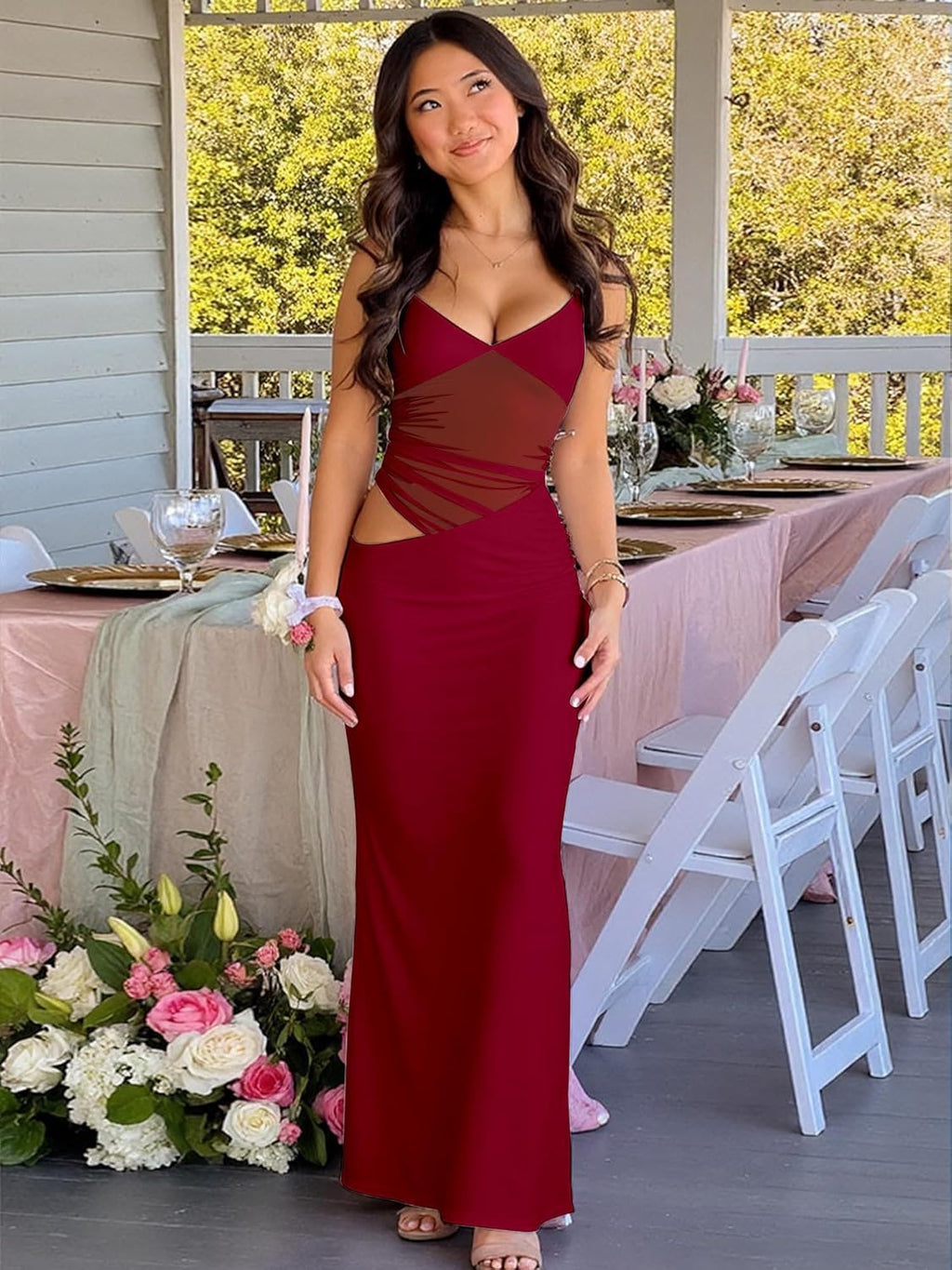 Women's Sexy Bodycon V Neck Spaghetti Strap Maxi Dress Elegant Backless Cocktail Evening Party Long Formal Dresses