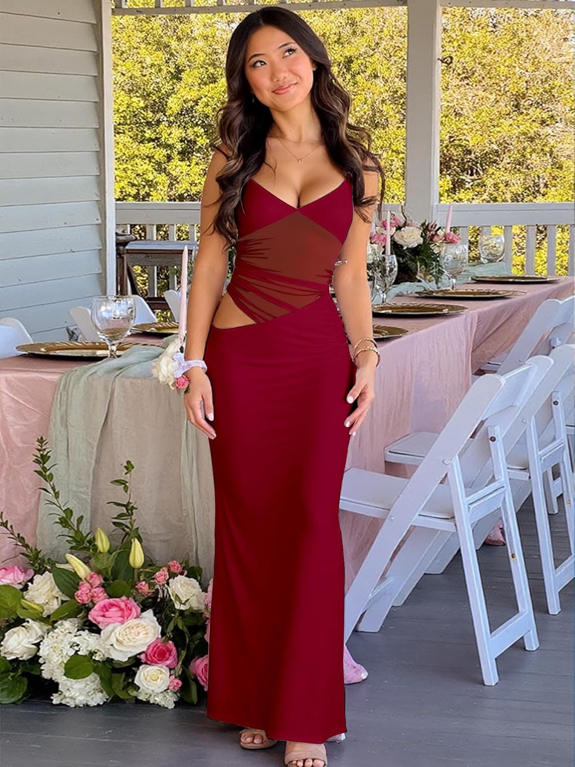 Women's Sexy Bodycon V Neck Spaghetti Strap Maxi Dress Elegant Backless Cocktail Evening Party Long Formal Dresses