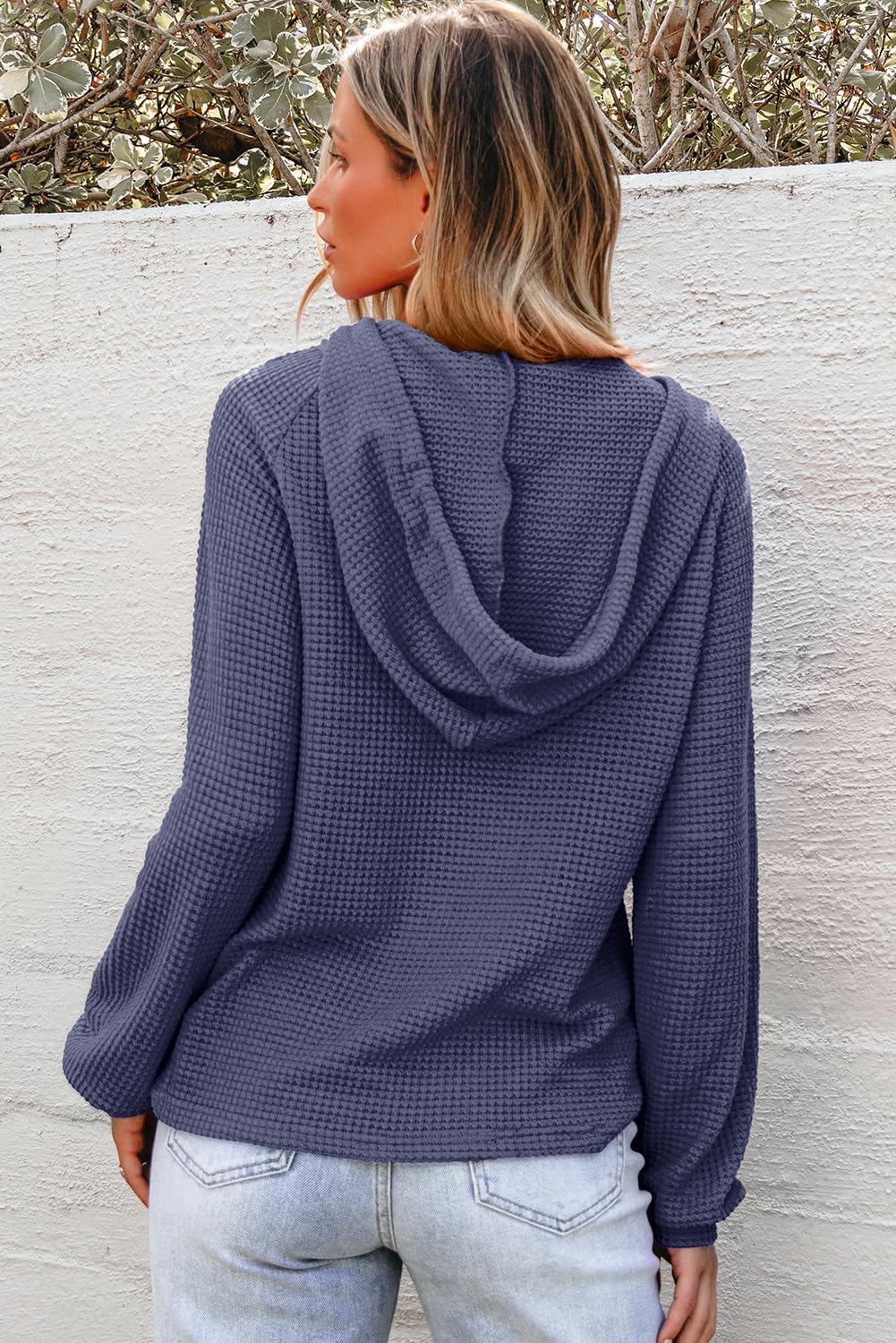 Hoodies for Women Waffle Knit Long Sleeve Drawstring Button V Neck Casual Pullover Sweatshirt Hooded Tops