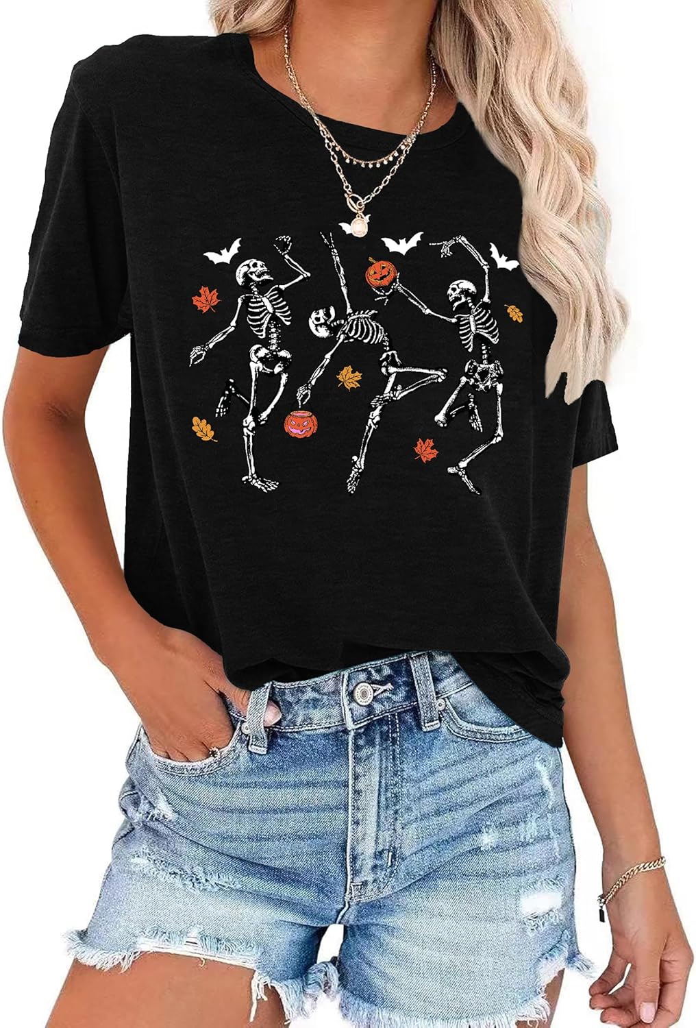 Dancing Skeleton Shirt for Women Happy Halloween T-Shirt Funny Skeleton Graphic Tees Tops Blouse Gift