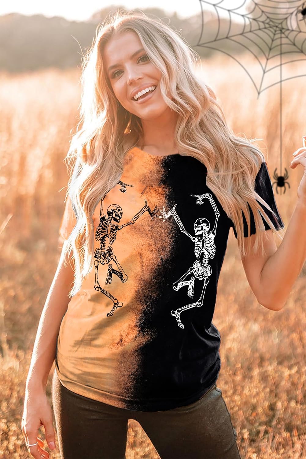 Dancing Skeleton Shirt for Women Happy Halloween T-Shirt Funny Skeleton Graphic Tees Tops Blouse Gift