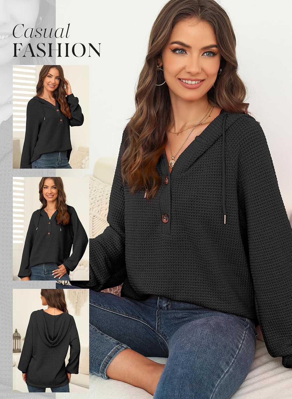 Hoodies for Women Waffle Knit Long Sleeve Drawstring Button V Neck Casual Pullover Sweatshirt Hooded Tops