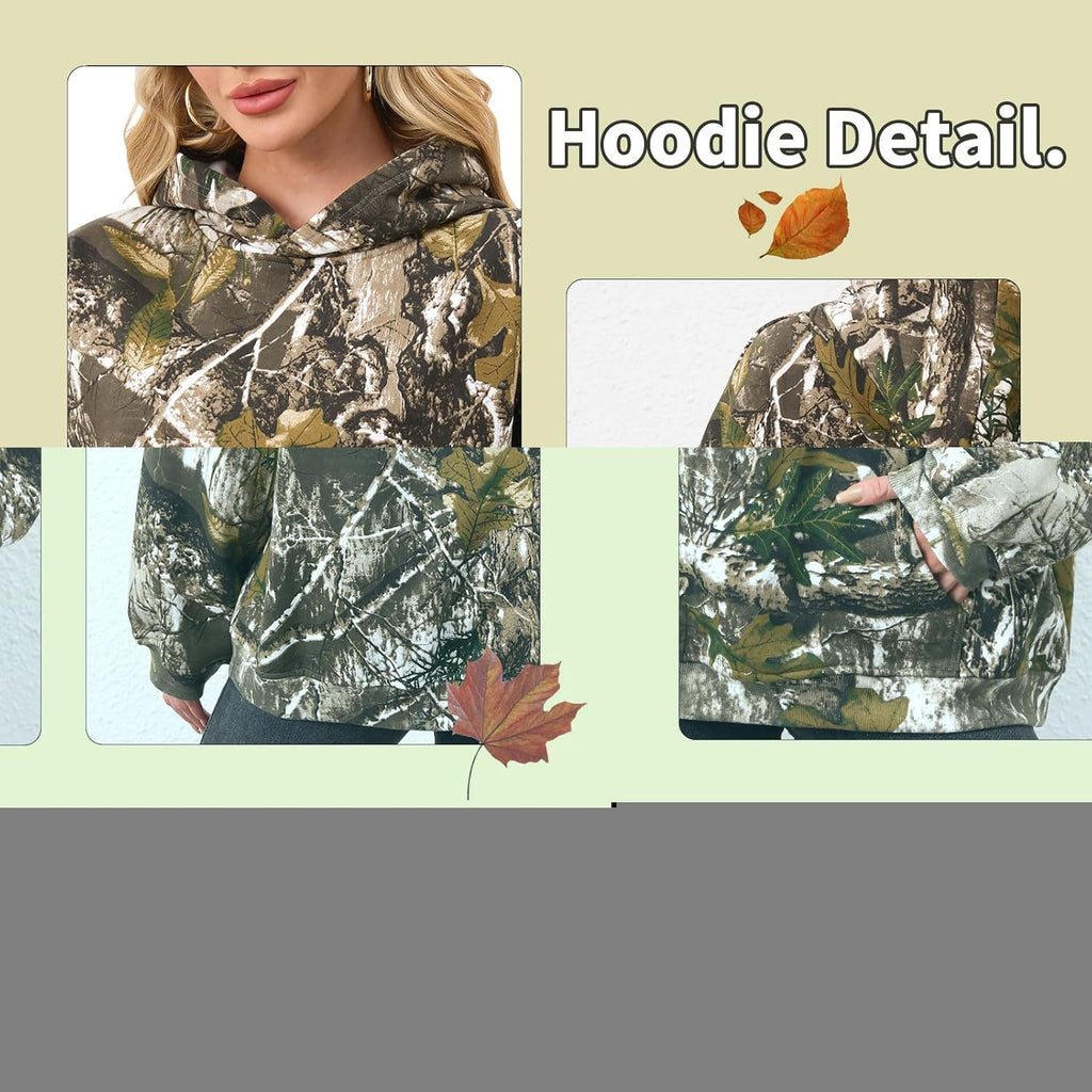 Womens Camo Hoodies Maple Leaf Print Oversized Hooded Sweatshirt Fleece Pullover Sweatshirts Long Sleeve with Pocket