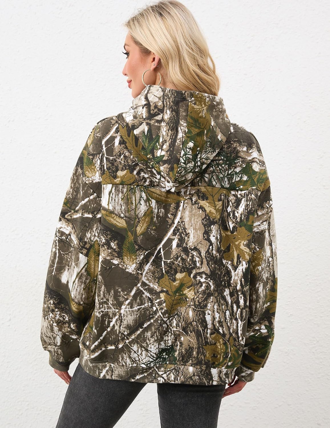 Womens Camo Hoodies Maple Leaf Print Oversized Hooded Sweatshirt Fleece Pullover Sweatshirts Long Sleeve with Pocket