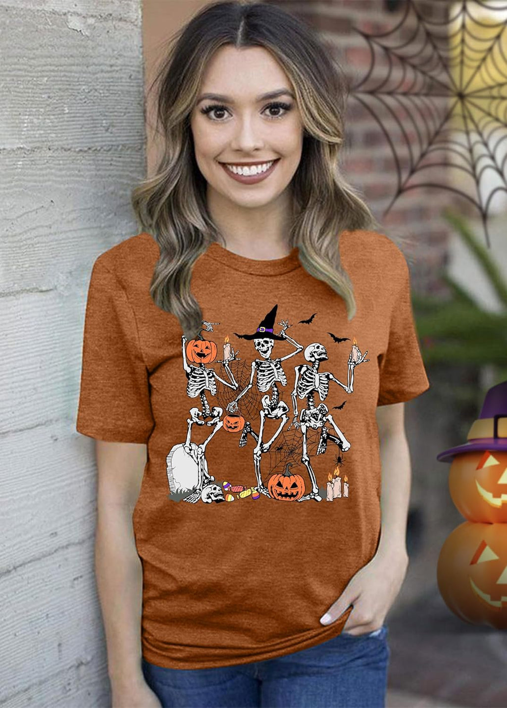 Dancing Skeleton Shirt for Women Happy Halloween T-Shirt Funny Skeleton Graphic Tees Tops Blouse Gift