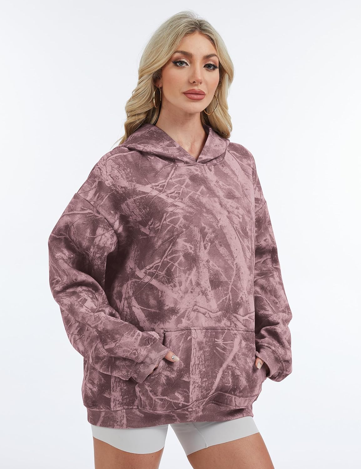 Womens Camo Hoodies Maple Leaf Print Oversized Hooded Sweatshirt Fleece Pullover Sweatshirts Long Sleeve with Pocket
