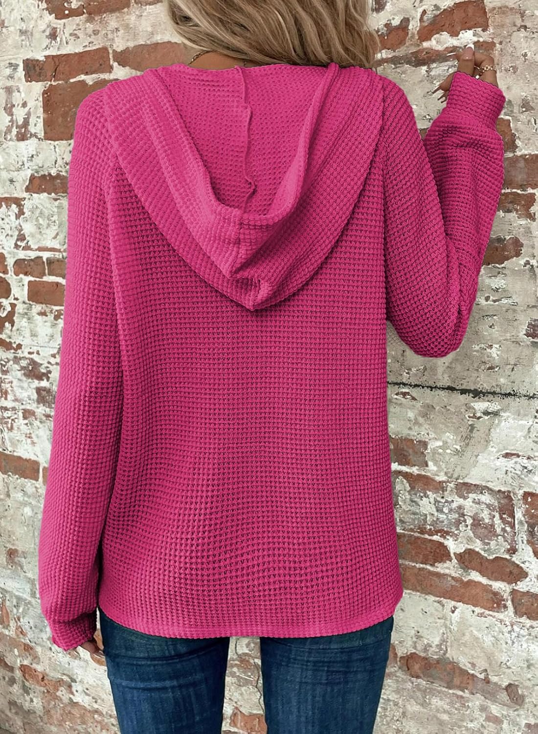 Hoodies for Women Waffle Knit Long Sleeve Drawstring Button V Neck Casual Pullover Sweatshirt Hooded Tops