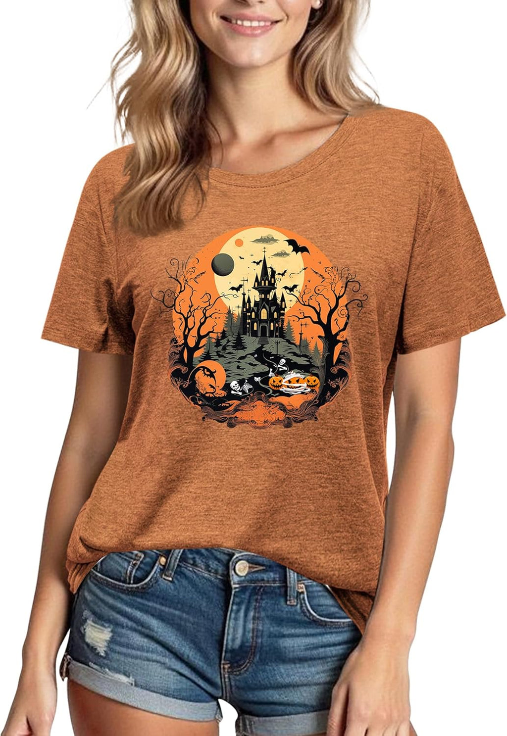 Halloween Shirts for Women: Castle Pumpkin Pattern Halloween Party Short Sleeve Costumes Crewneck T-Shirt