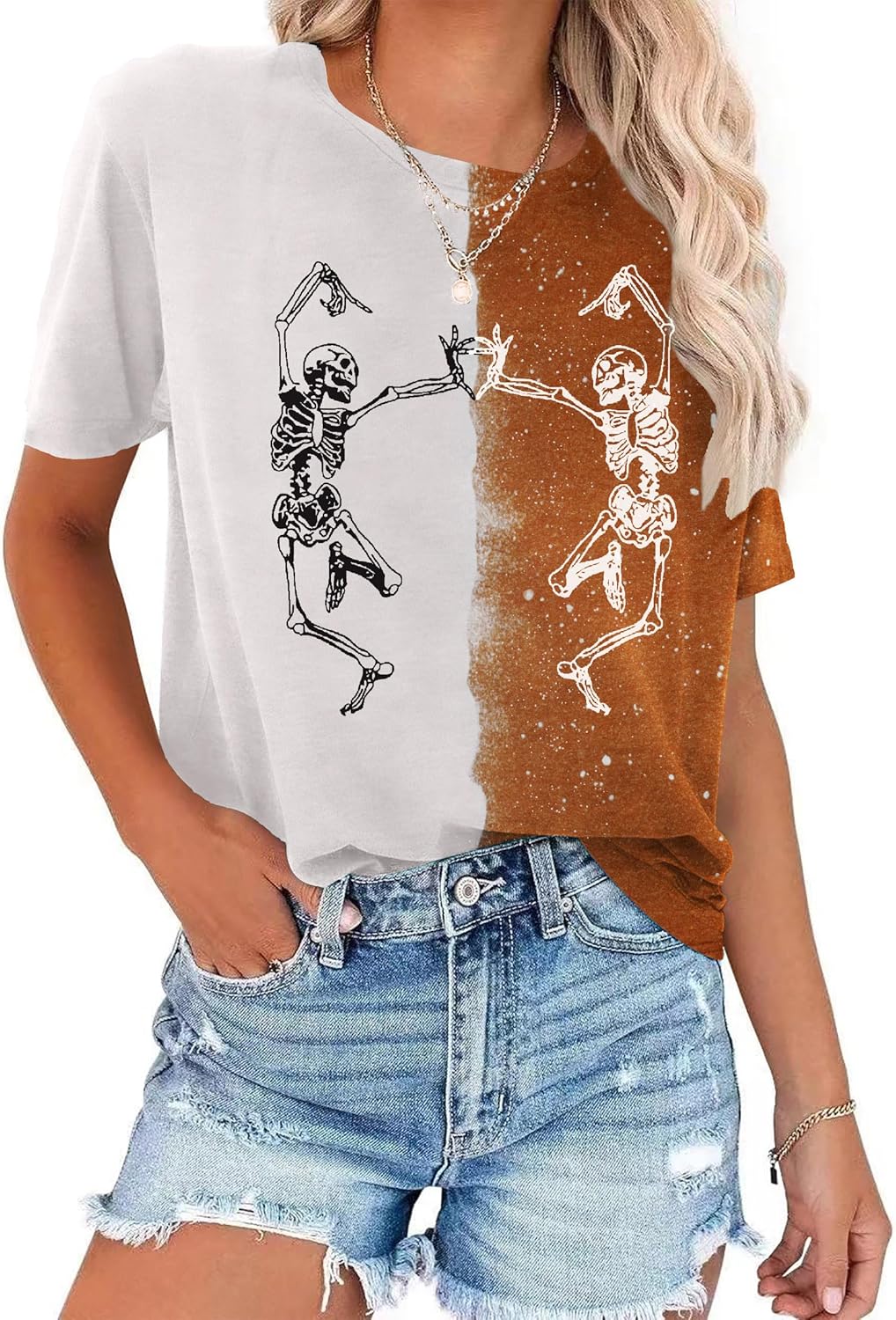 Dancing Skeleton Shirt for Women Happy Halloween T-Shirt Funny Skeleton Graphic Tees Tops Blouse Gift