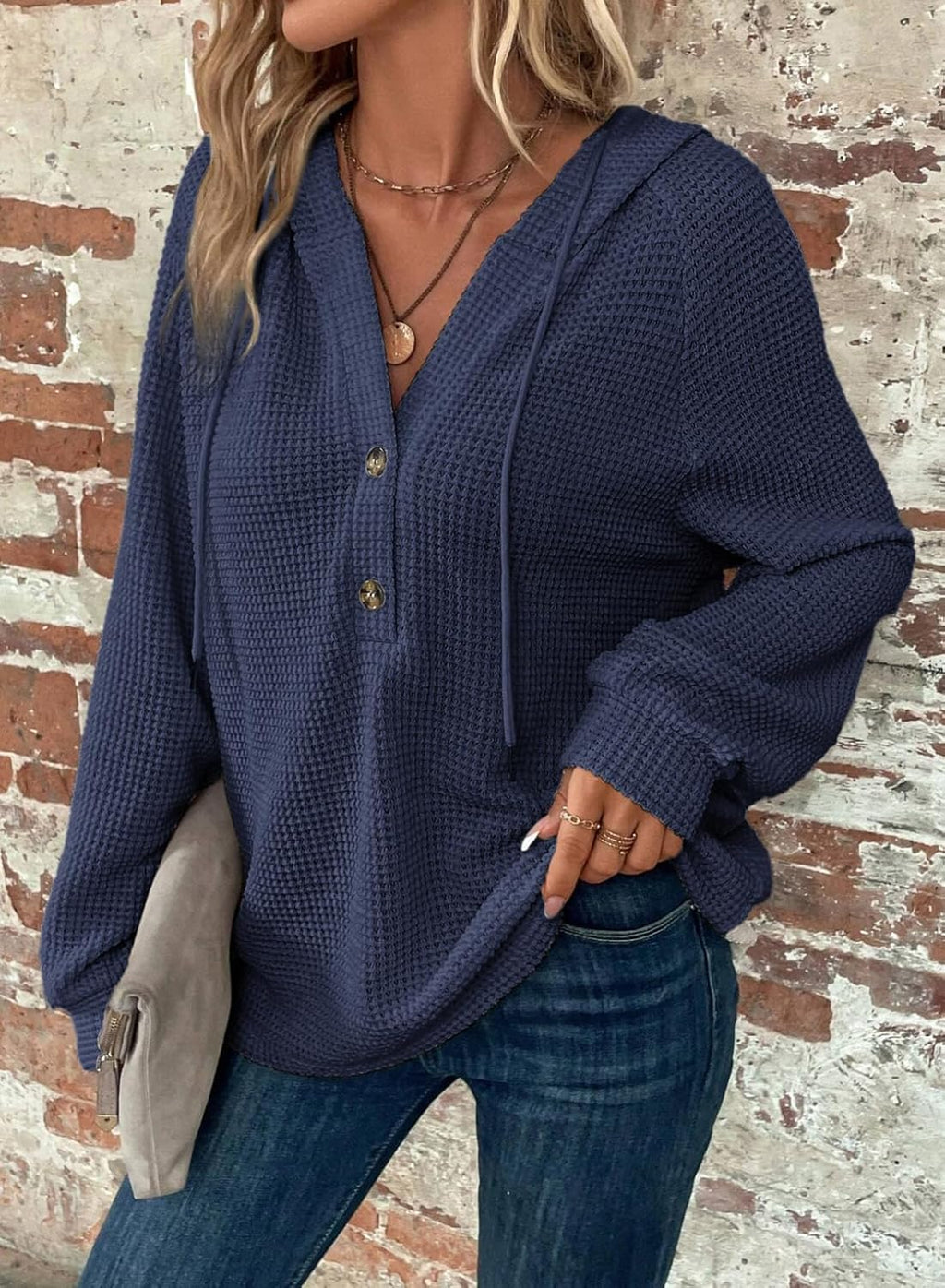 Hoodies for Women Waffle Knit Long Sleeve Drawstring Button V Neck Casual Pullover Sweatshirt Hooded Tops