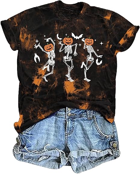 Dancing Skeleton Shirt for Women Happy Halloween T-Shirt Funny Skeleton Graphic Tees Tops Blouse Gift