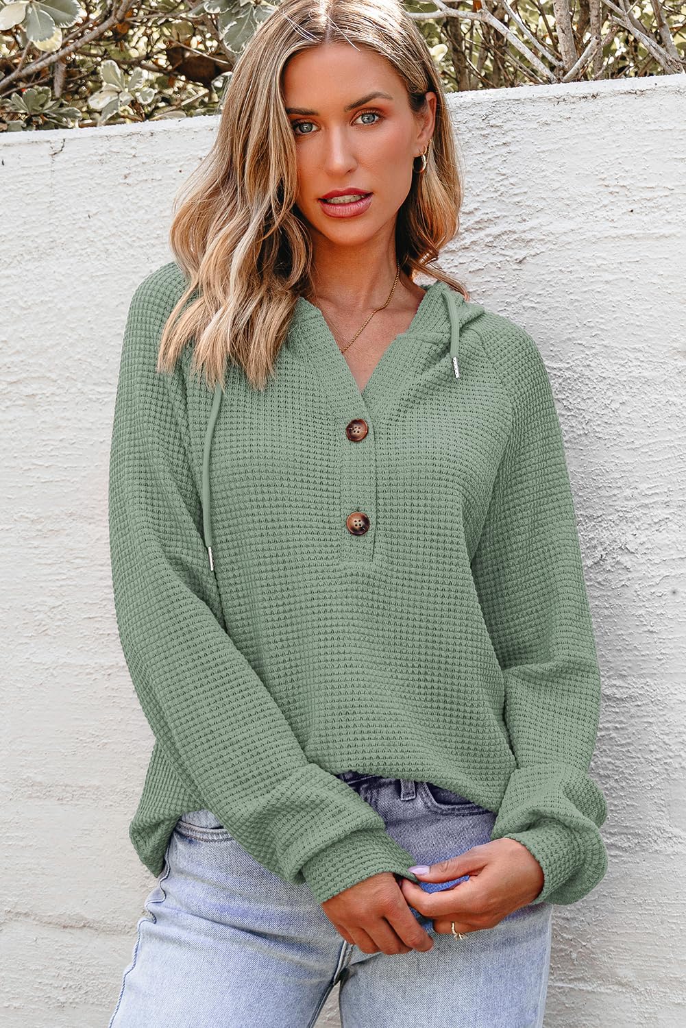 Hoodies for Women Waffle Knit Long Sleeve Drawstring Button V Neck Casual Pullover Sweatshirt Hooded Tops