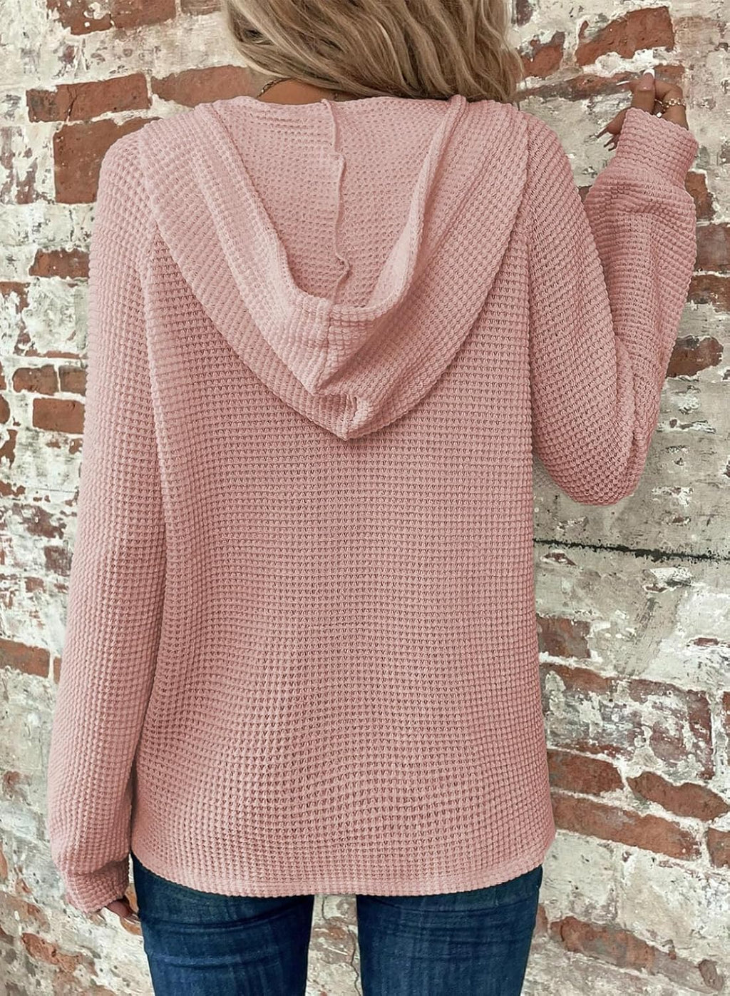 Hoodies for Women Waffle Knit Long Sleeve Drawstring Button V Neck Casual Pullover Sweatshirt Hooded Tops