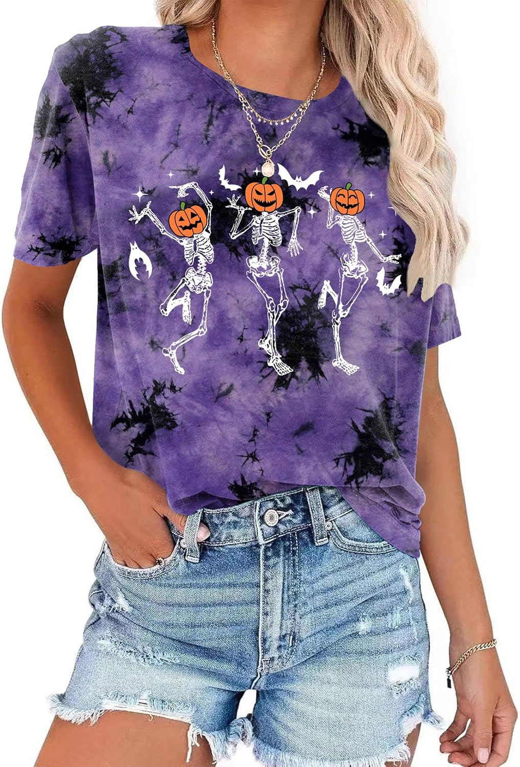 Dancing Skeleton Shirt for Women Happy Halloween T-Shirt Funny Skeleton Graphic Tees Tops Blouse Gift