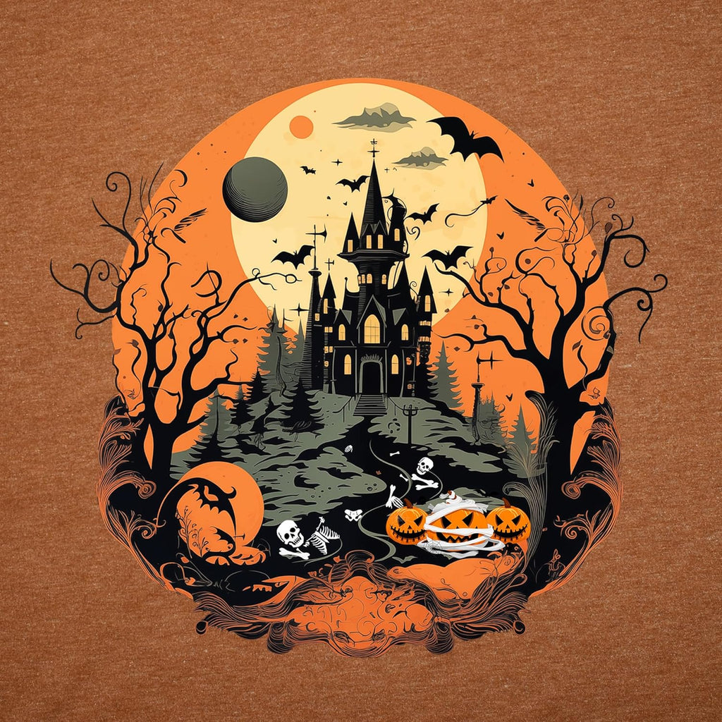 Halloween Shirts for Women: Castle Pumpkin Pattern Halloween Party Short Sleeve Costumes Crewneck T-Shirt