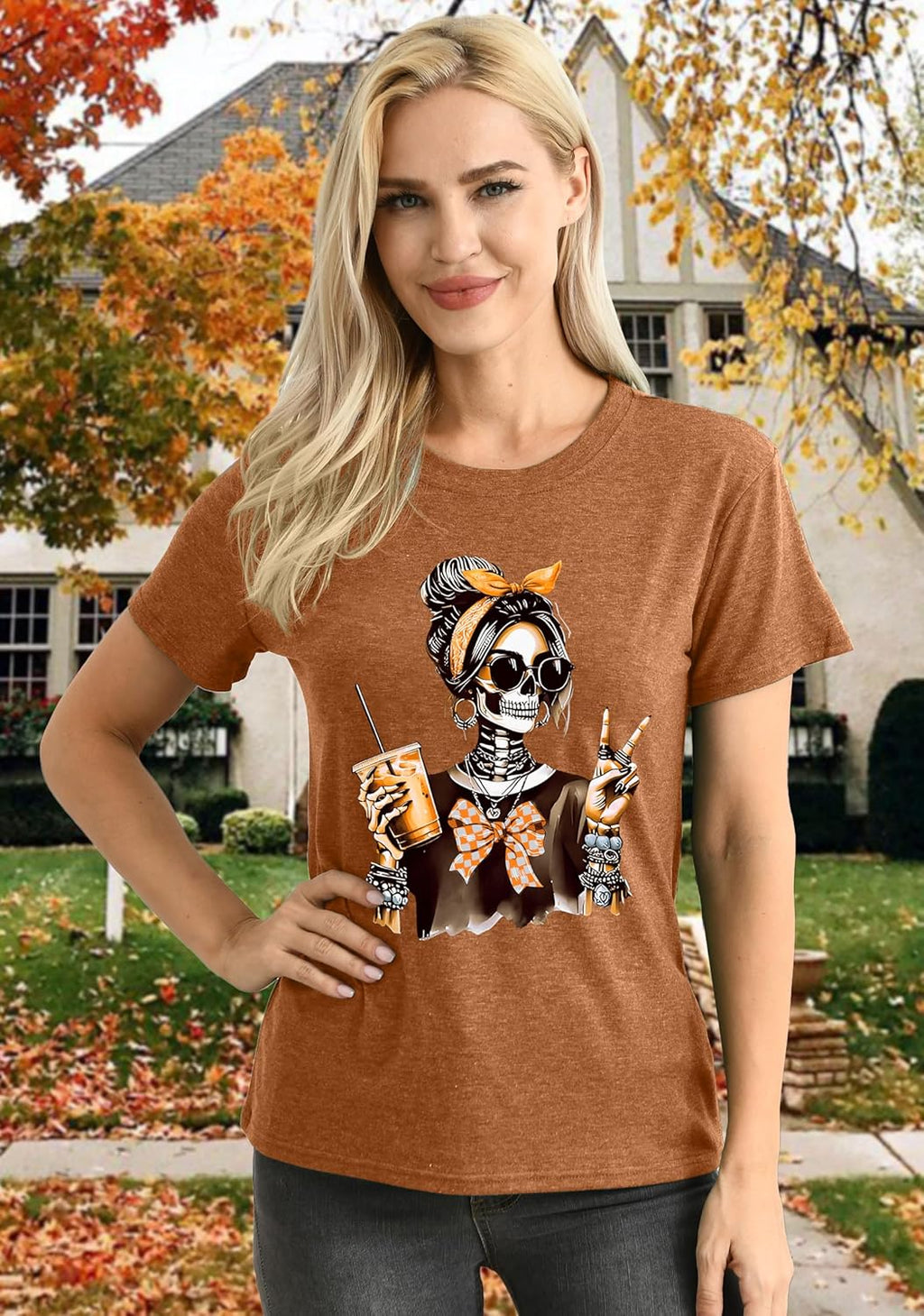 Dancing Skeleton Shirt for Women Happy Halloween T-Shirt Funny Skeleton Graphic Tees Tops Blouse Gift