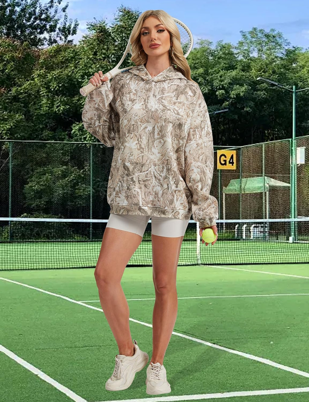 Womens Camo Hoodies Maple Leaf Print Oversized Hooded Sweatshirt Fleece Pullover Sweatshirts Long Sleeve with Pocket