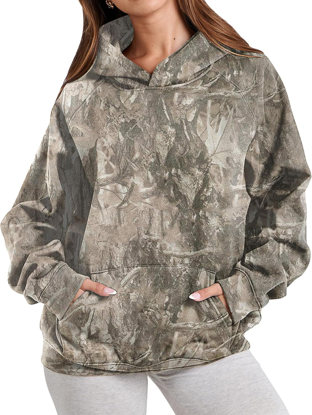 Womens Camo Hoodies Maple Leaf Print Oversized Hooded Sweatshirt Fleece Pullover Sweatshirts Long Sleeve with Pocket
