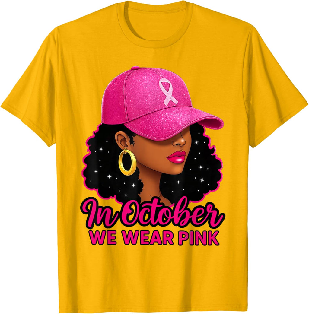in October We Wear Pink Black Women Breast Cancer Awareness T-Shirt
