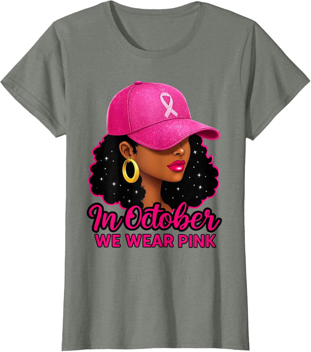 in October We Wear Pink Black Women Breast Cancer Awareness T-Shirt